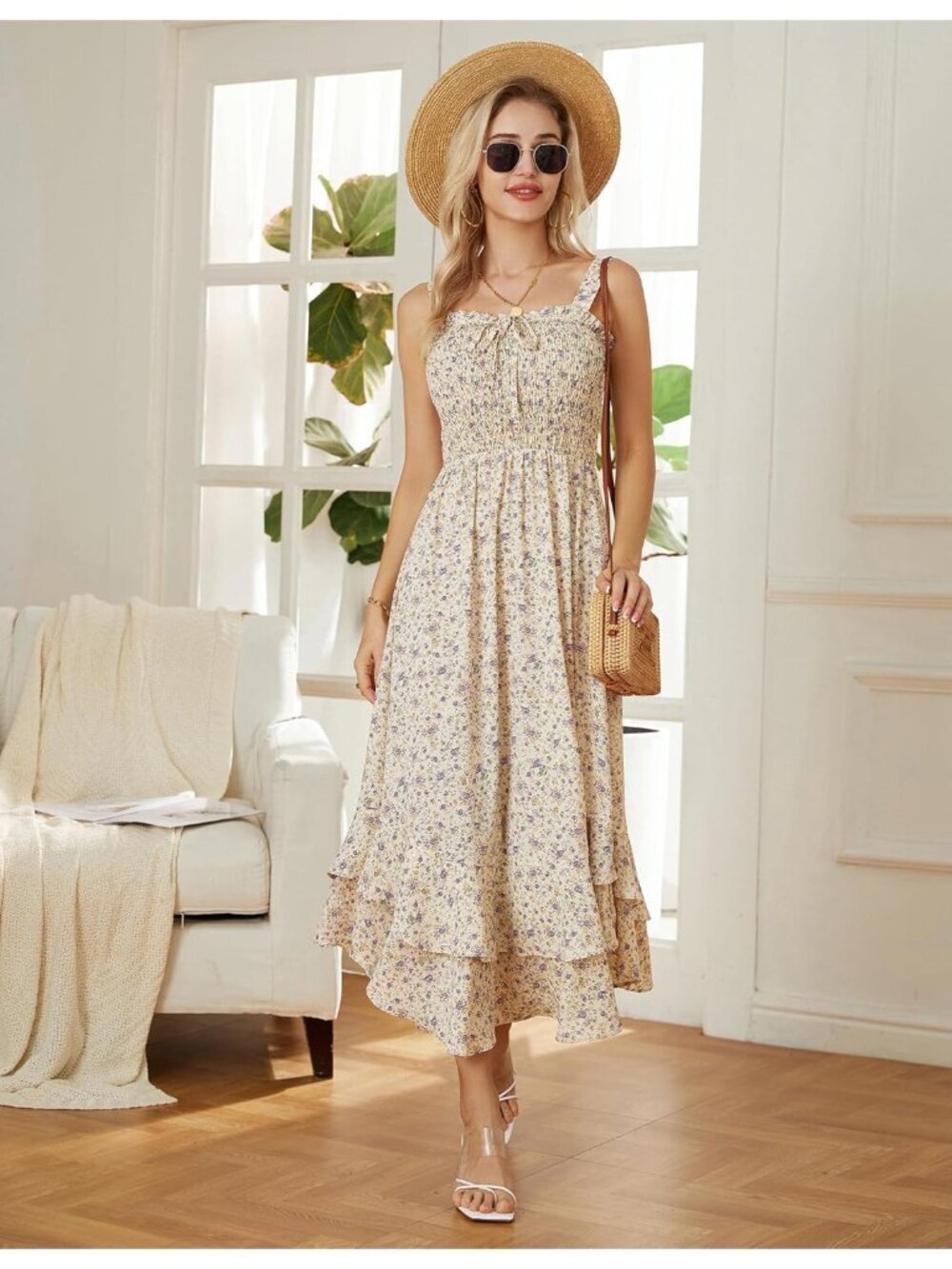 〽️Women's Light Yellow Square Neck Strapped A LINE Floral Boho Long Maxi Dress